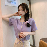 Square Collar Solid Button Short Sleeve Blouse Shirt